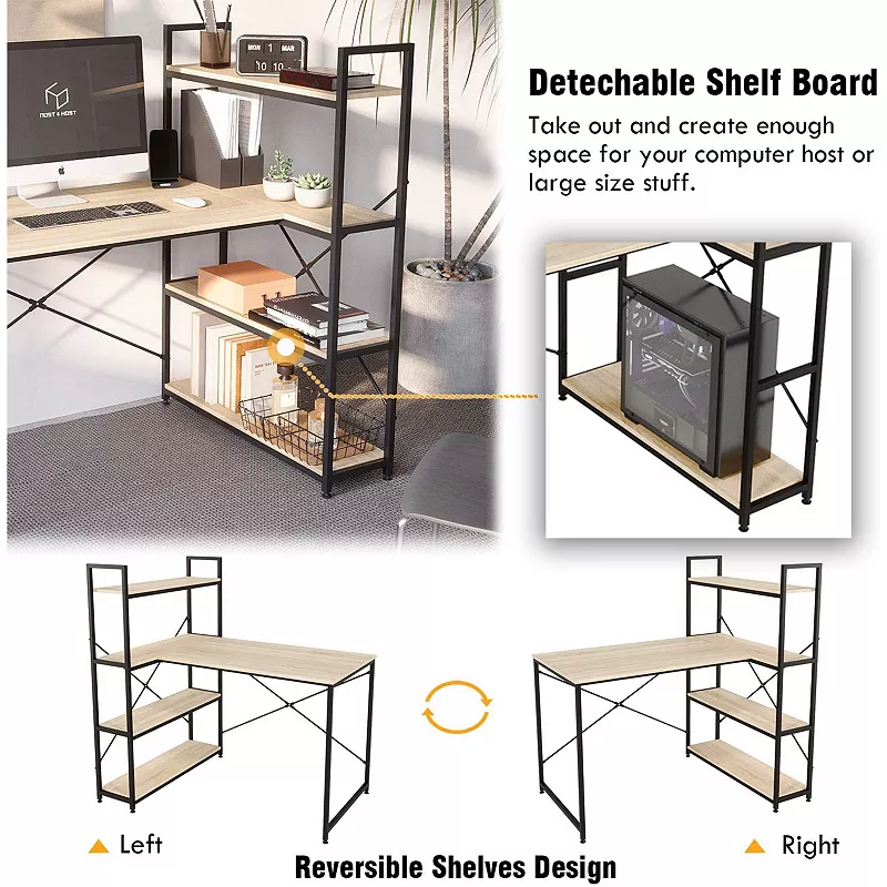 Nost and Host L Shaped Contemporary Home Office Computer Desk with Shelves， Oak