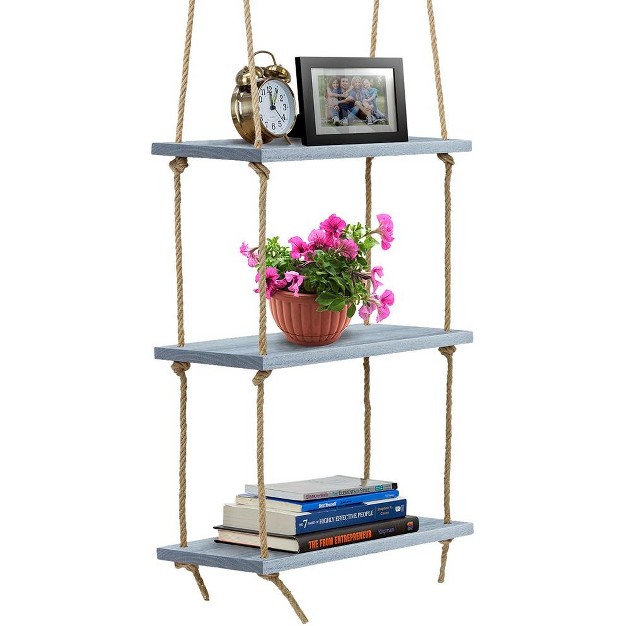 3 tier Sorbus Rustic Wood Hanging Shelf Storage Rope Organizer Rack Floating Display Shelves grey