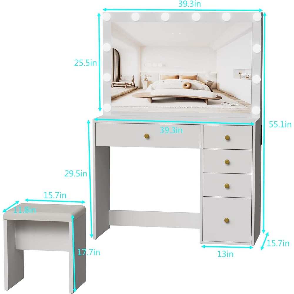 39.3'' Makeup Vanity with 3 Lighting Colors   Power Outlet  5 Drawers  Hidden Shelves