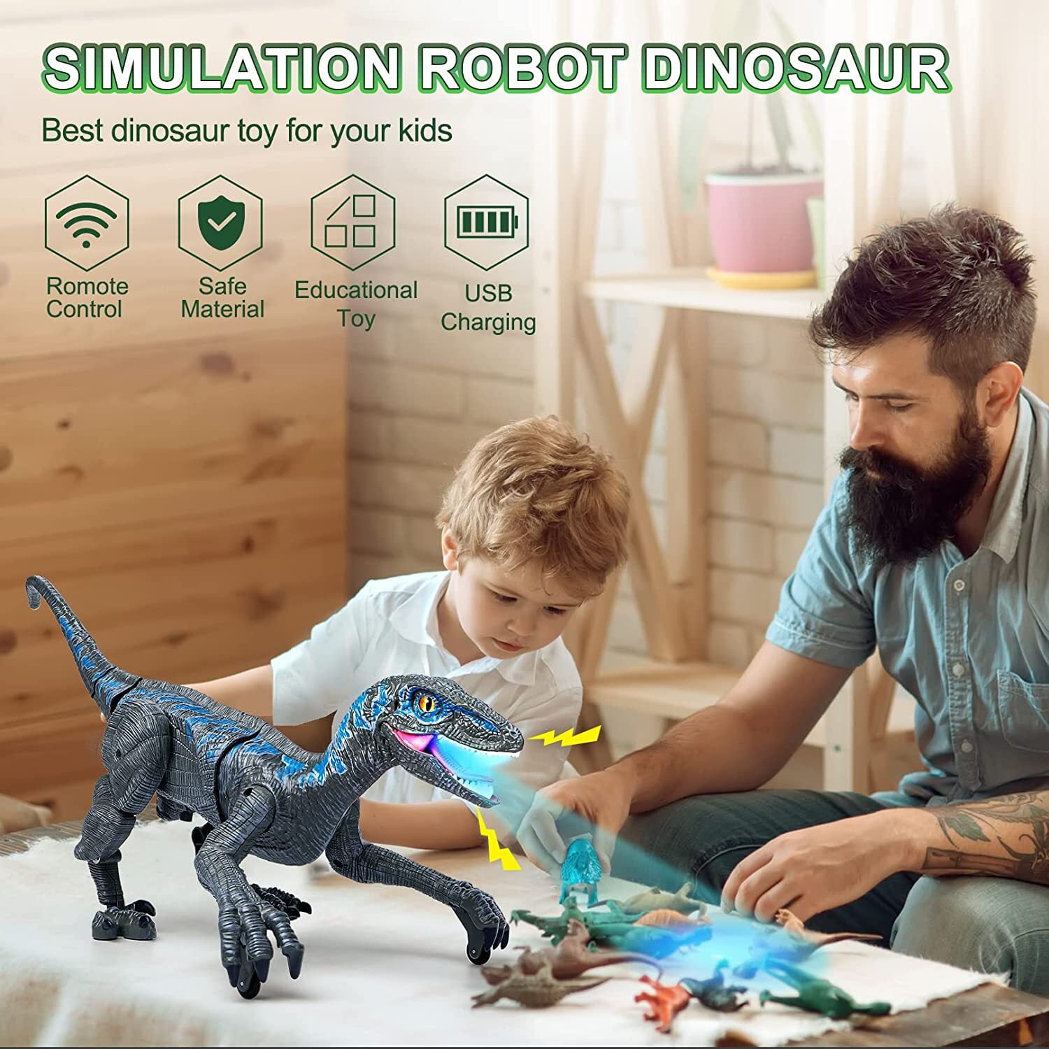 HopeRock Remote Control Dinosaur Toys for Kids， Robot Dinosaur Toy Simulation Velociraptor， Dinosaur Toys for Boys Girls Age 3-12