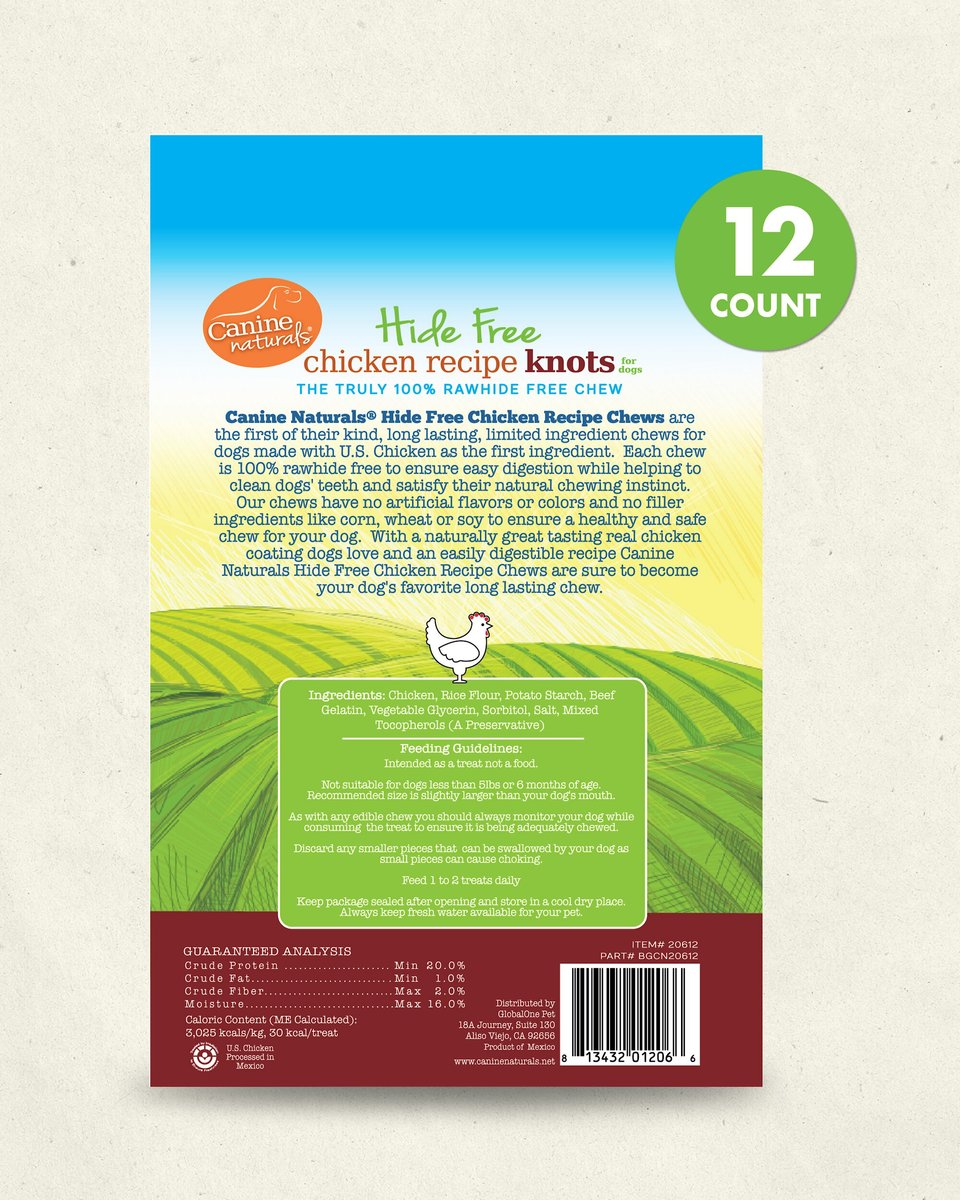 Canine Naturals Hide Free Chicken Recipe Mini Knot Dog Chew Treat， 12 count