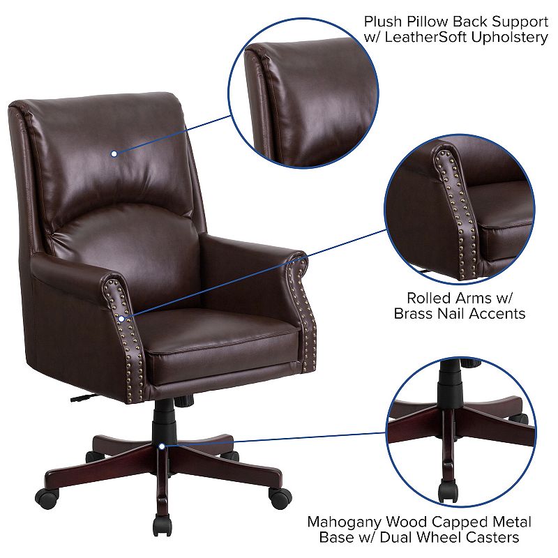 Merrick Lane Tiber Ergonomic Executive Office Chair with High Pillowed Back and Rolled Arms In Brown Faux Leather with Mahogany Finish Base