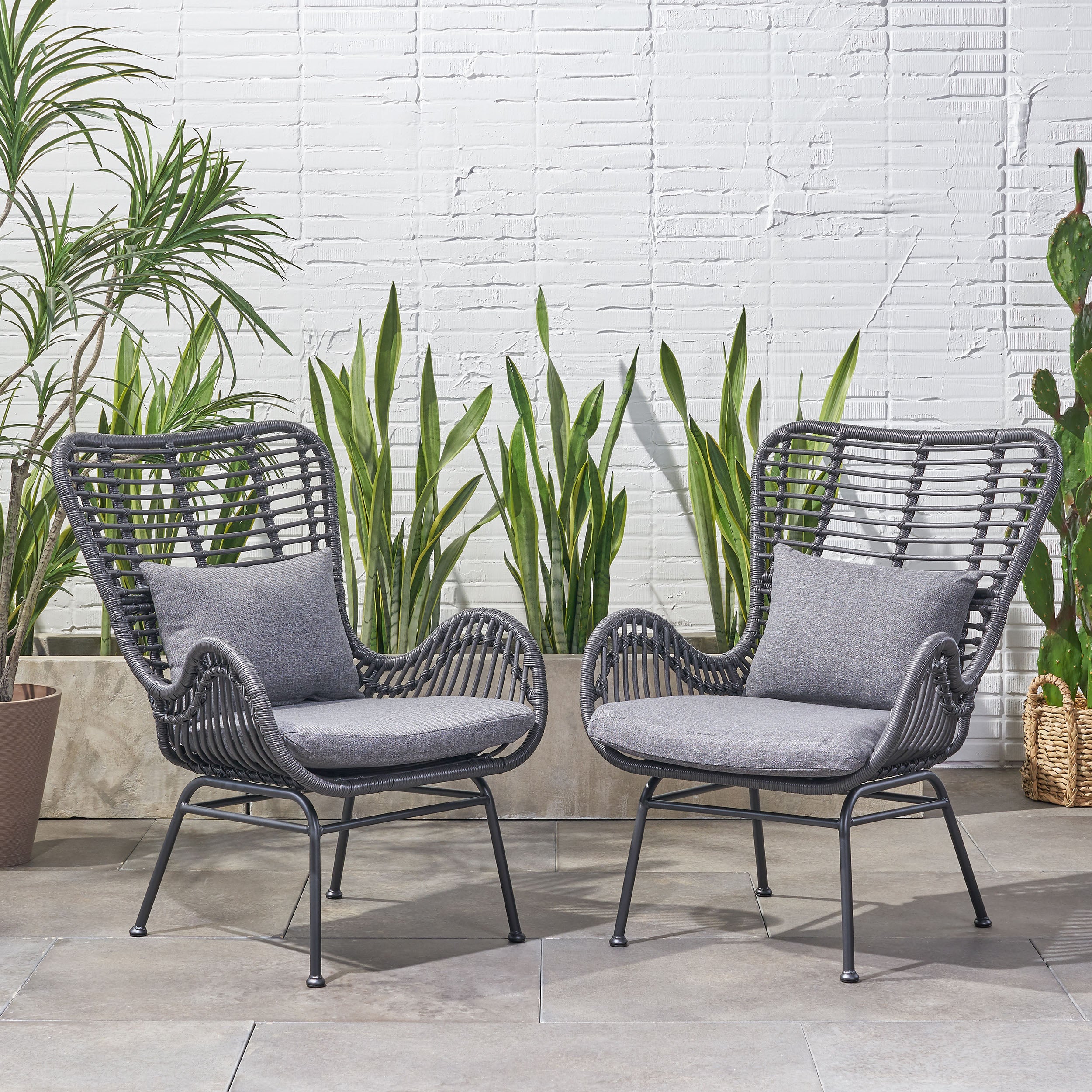 Pooneli Outdoor Wicker Club Chairs with Cushions (Set of 2)