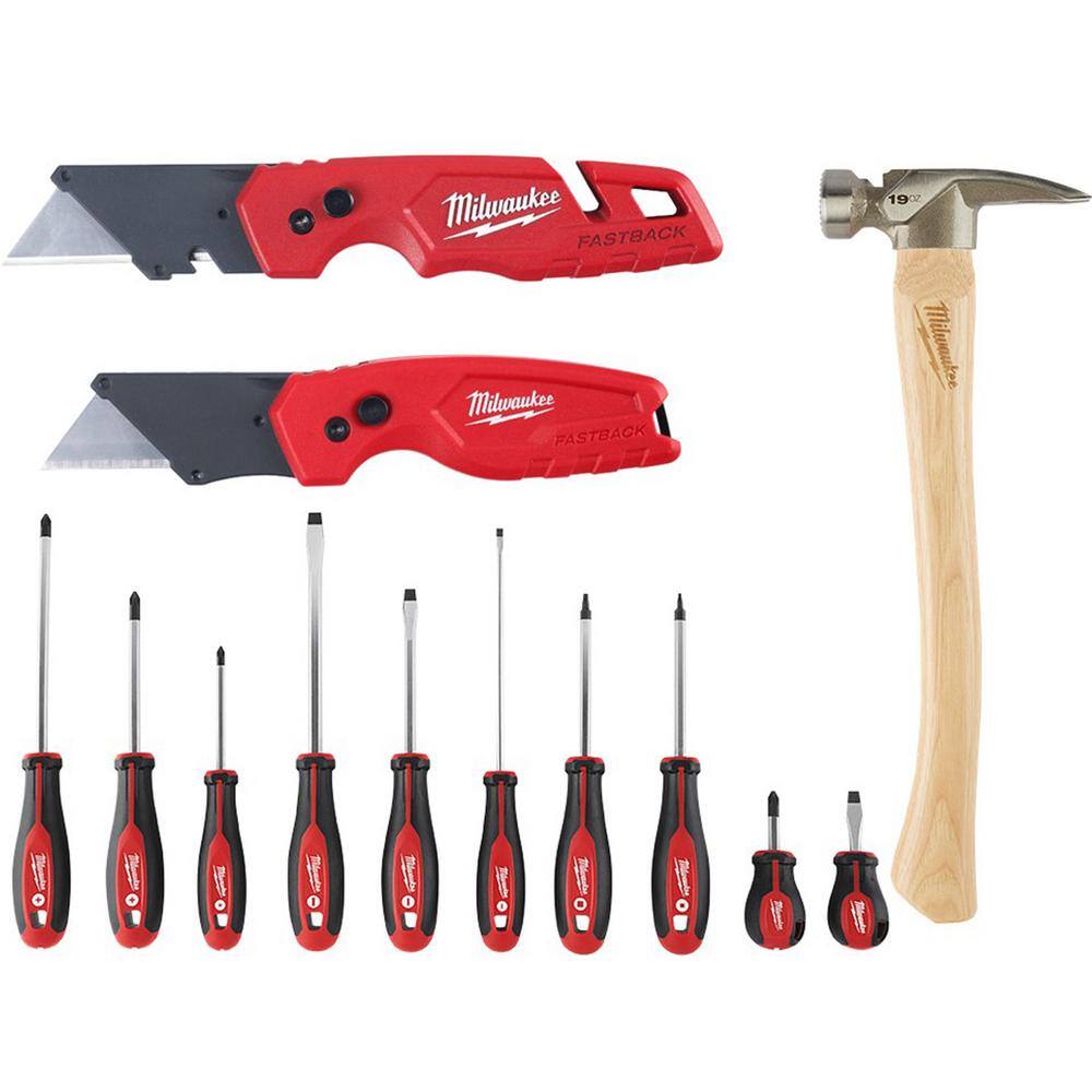 MW Screwdriver Set with FASTBACK Folding Utility Knife Set and 19 oz. Wood Milled Face Hickory Framing Hammer (13-Piece) 48-22-2710-48-22-1503-48-22-9419