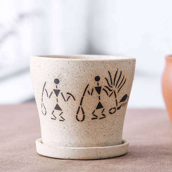 3.9 inch (10 cm) Warli Painting Marble Finish Round Ceramic Pot with Attached Plate (Light Brown) (set of 2)