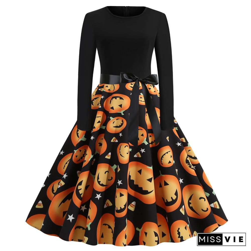 Halloween Print Stitching Long-Sleeved Big Dress