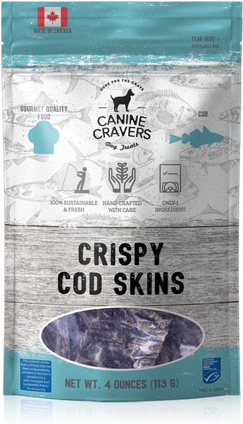 Canine Cravers Crispy Cod Skins Dehydrated Dog Treats， 4-oz pouch