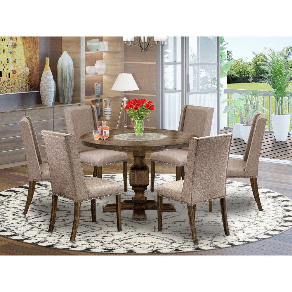 East West Furniture Table Set  a Round Table and Dark Khaki Linen Fabric Chairs  Distressed Jacobean (Pieces Option)