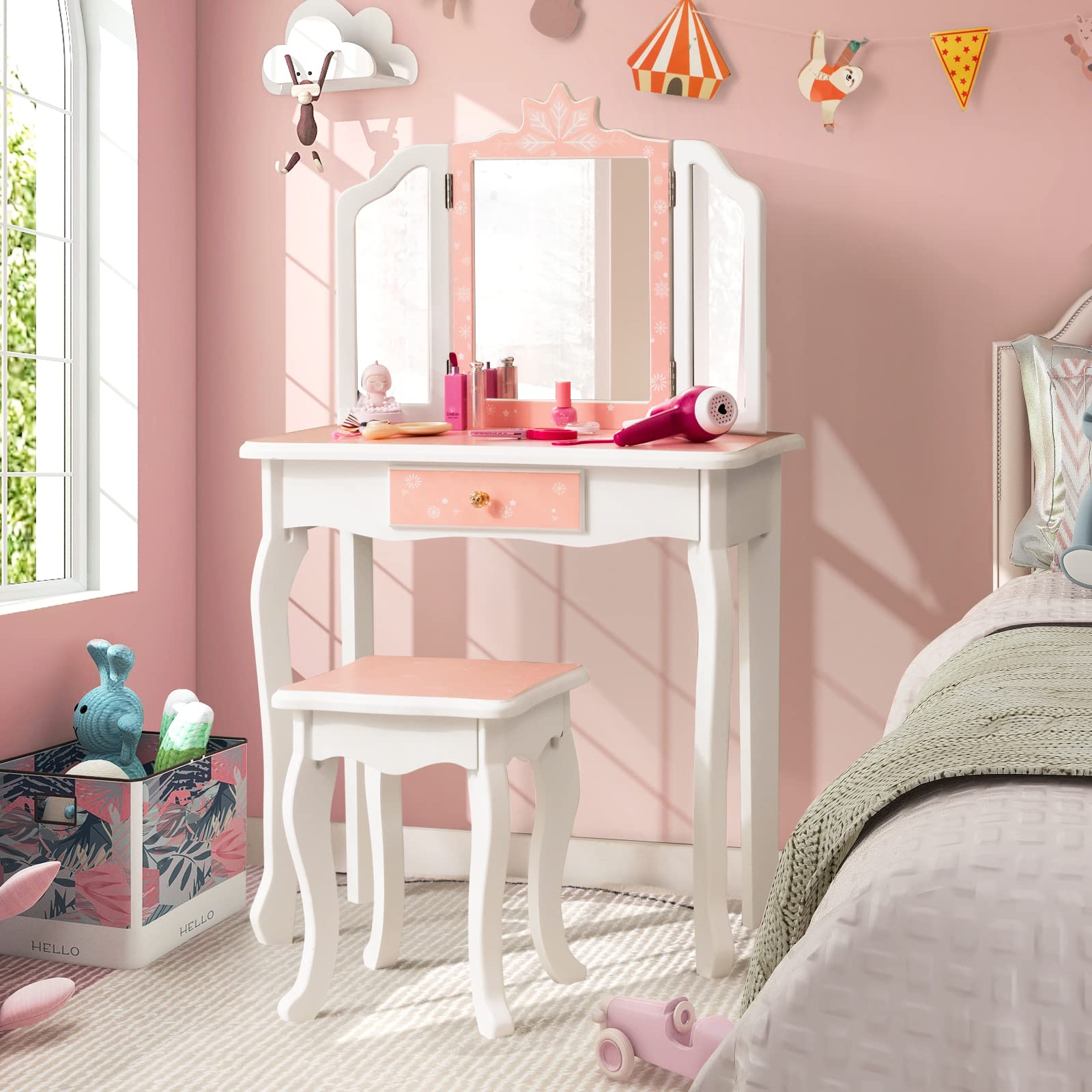 Costzon Kids Vanity Table and Chair Set, Girls Vanity Set with Mirror and Stool, Pretend Play Vanity Set for Little Girls