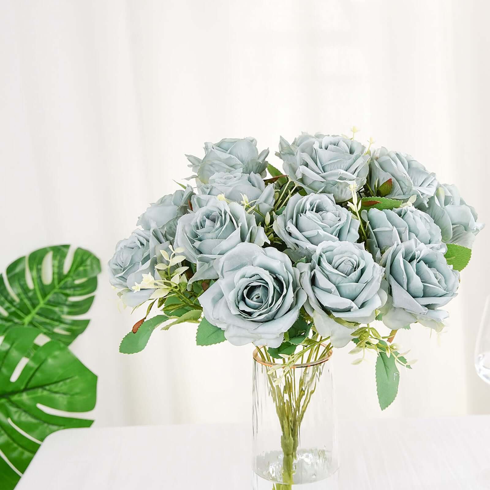 2 Bushes Dusty Blue Artificial Silk Rose Flower Arrangements, Real Touch Long Stem Flower Bouquet 18