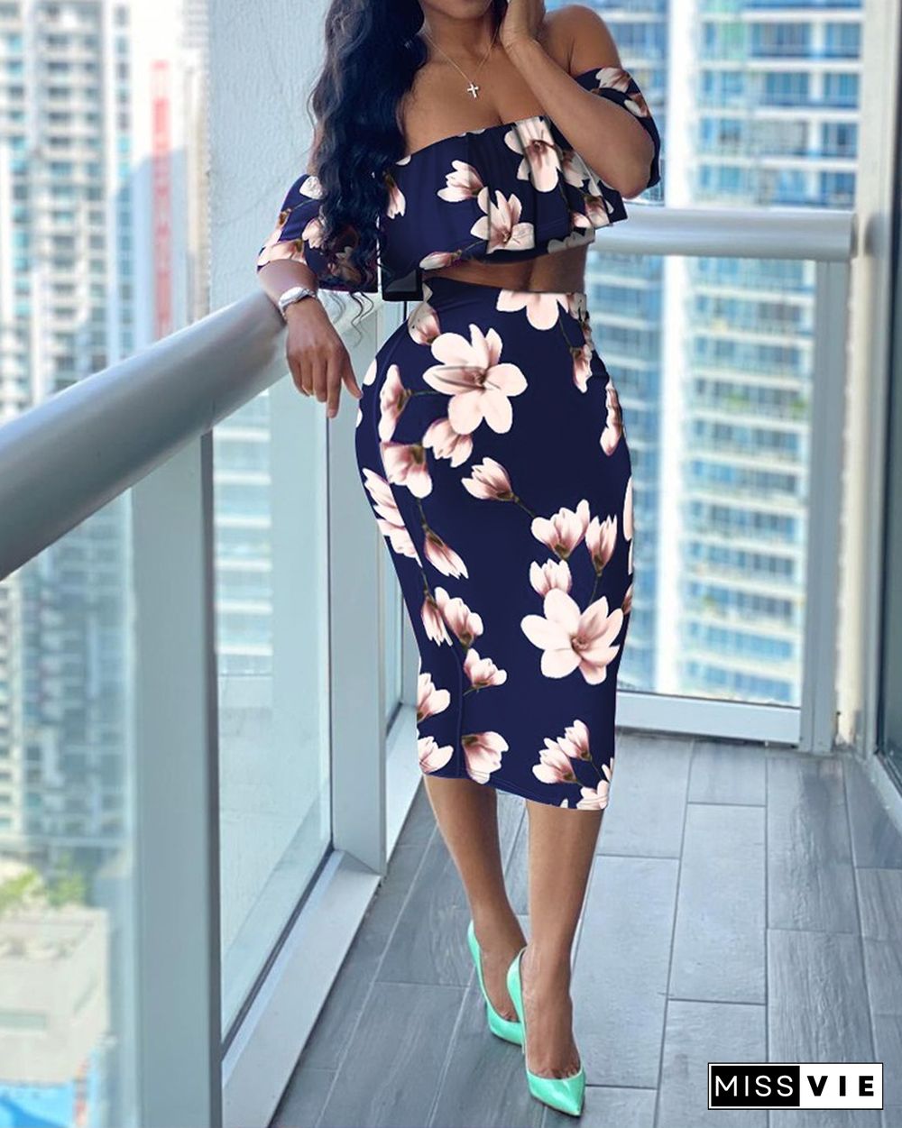 Off Shoulder Ruffle Trim Floral Print Crop Top & Skirt Set