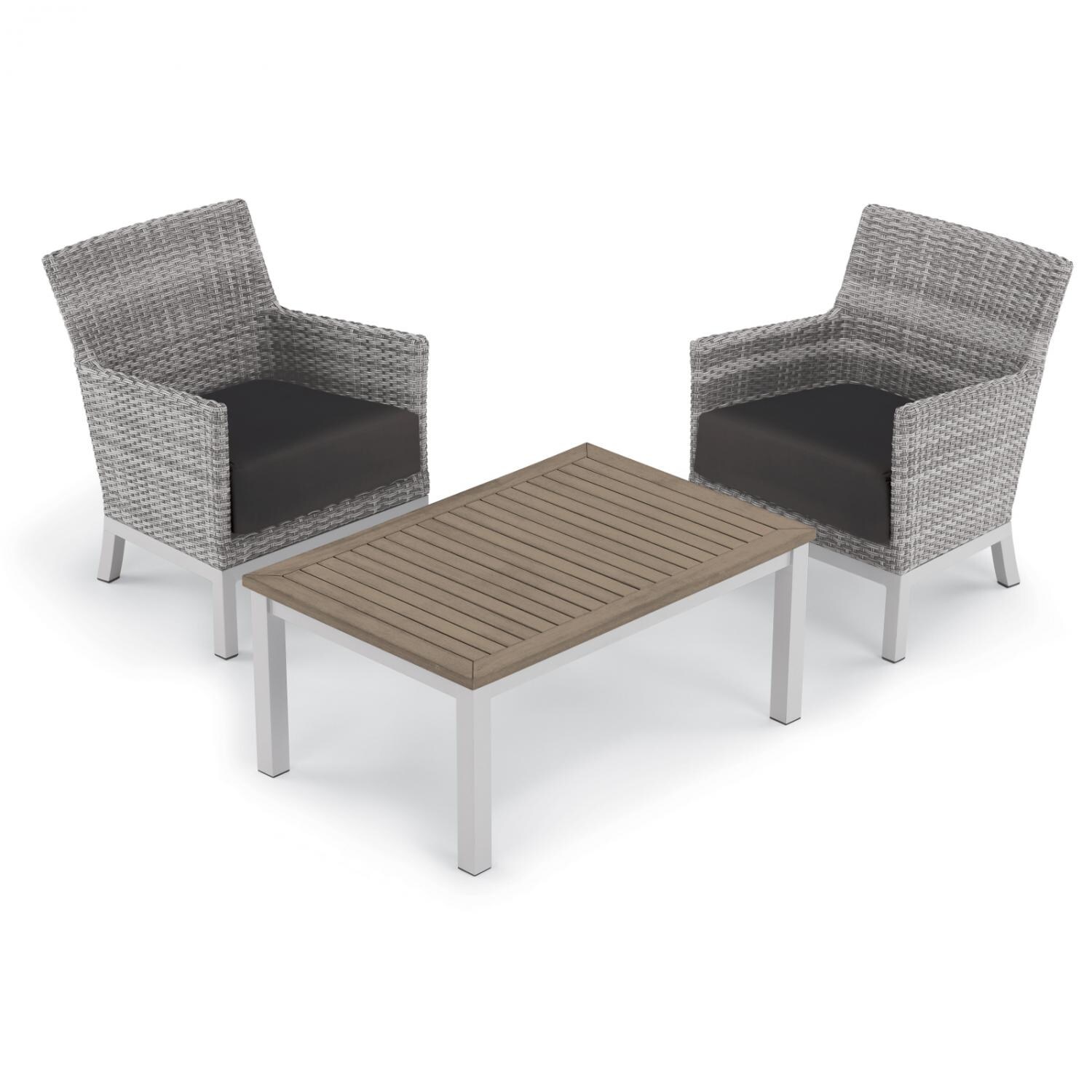 Argento 3 Piece Wicker Patio Conversation Set W/ Tekwood Vintage Coffee Table and Jet Black Cushions By Oxford Garden