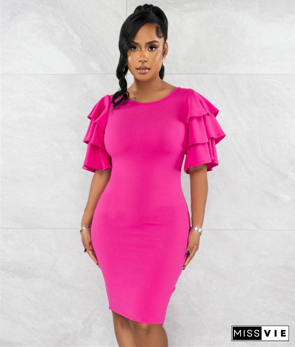 Solid Color Ruffle Short Sleeve Bodycon Dress