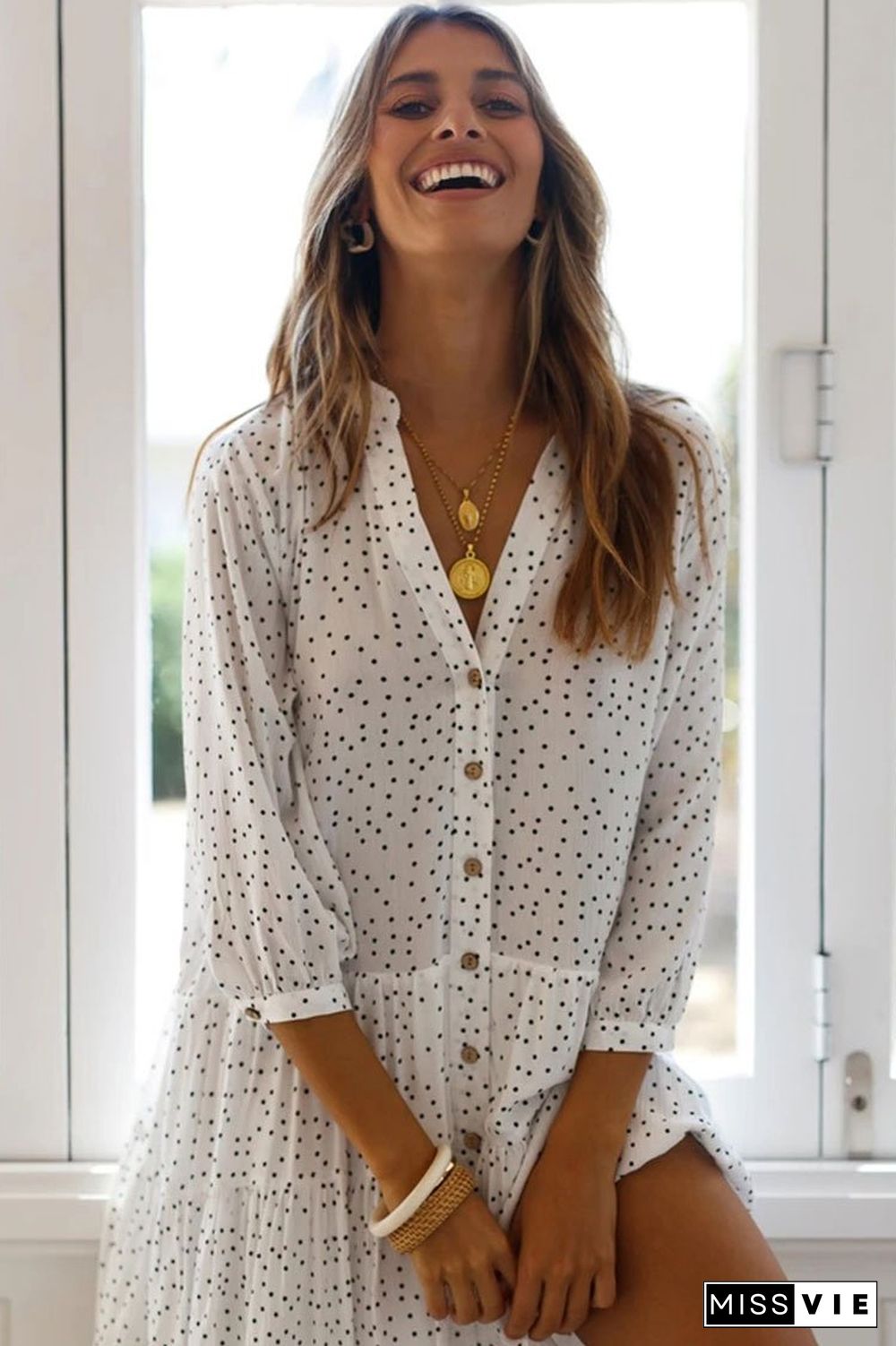 Casual Polka Dot Asymmetric Beach Shirt Dress