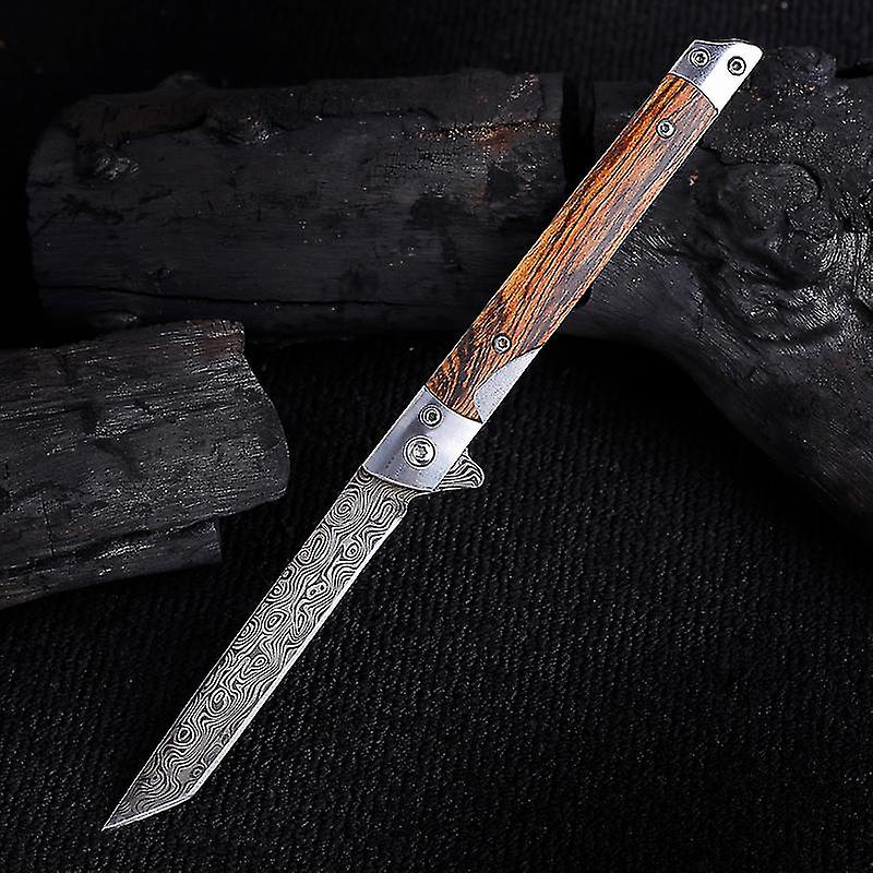 Damascus Folding Knife Survival Tactical Knife Camping Self-defense Knife Hunting Pocket Knives Outdoor Tool With Leather Sheath