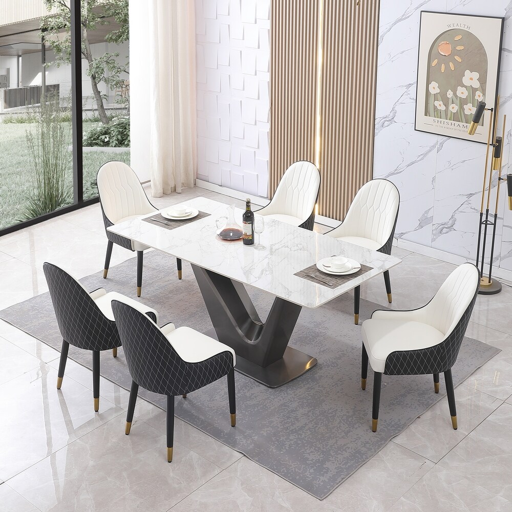 71inch Contemporary Dining Table Sintered Stone V shape Pedestal Base in Gold finish with 6 pcs Chairs .