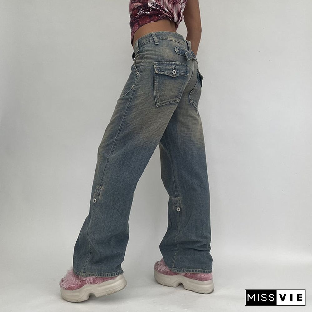 Weekeep Baggy Denim Mom Jeans Women High Waist Vintage Oversized Cargo Pants Casual Streetwear Harajuku Straight Leg Jeans Femme