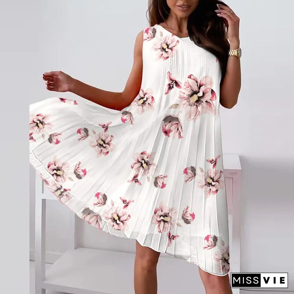 Women Floral Print Loose Chiffon Party Dress Elegant Casual O Neck Pleated Tank Beach Dress Sexy Sleeveless A-Line Mini Dresses