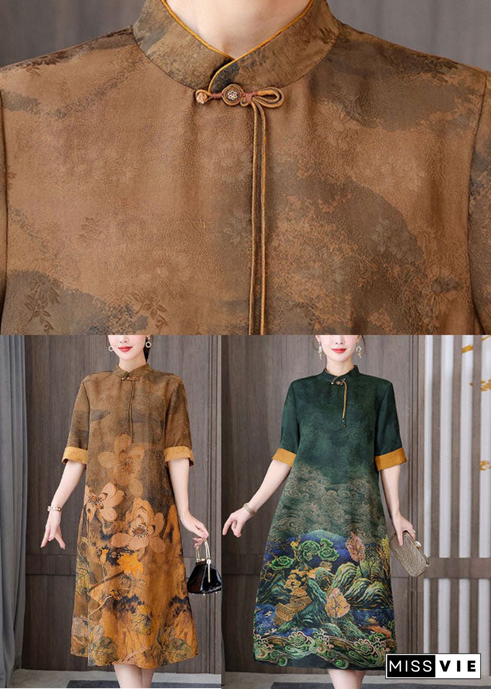 Green Print Silk Long Dress Mandarin Collar Zippered Short Sleeve