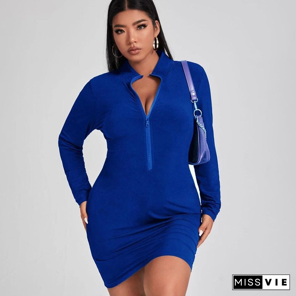 Solid Long Sleeve Zip Up O Neck Casual Dress