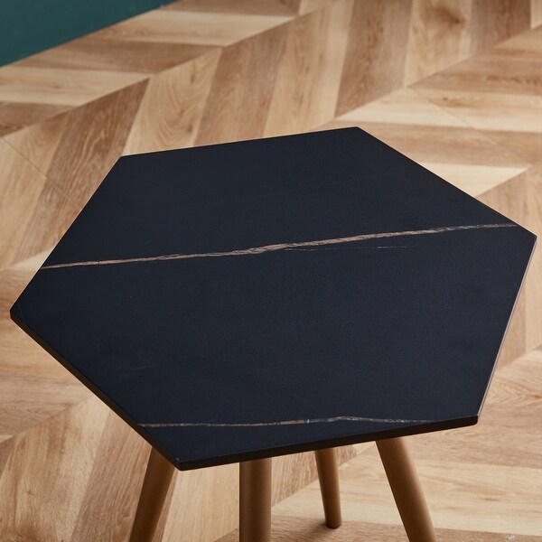 Modern Black Faux Marble End Table， Hexagon Side Table， Small Accent Coffee Table with Metal Legs