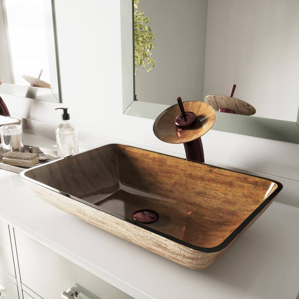 VIGO Donatello Wooden Brown Glass 22 in. L x 15 in. W x 5 in. H Rectangular Vessel Bathroom Sink VG07046