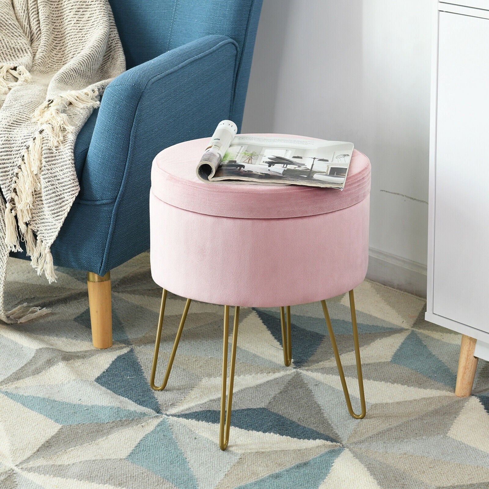 Velvet Footrest Stool Round with Storage Function