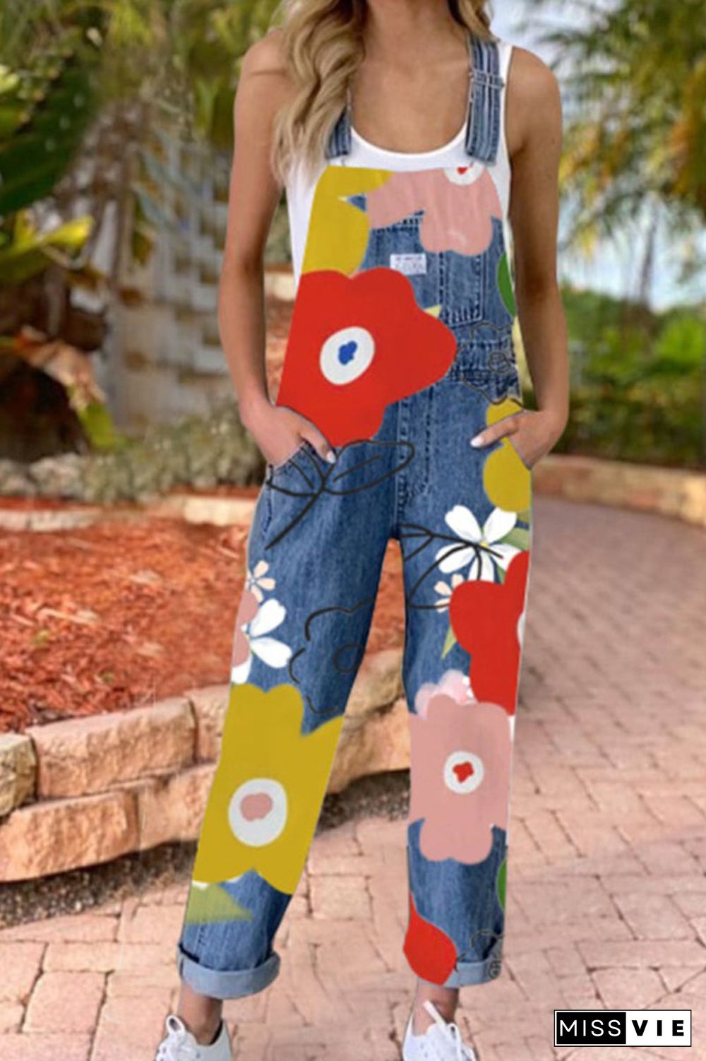 Floral Printed Denim Pocket Jumpsuits