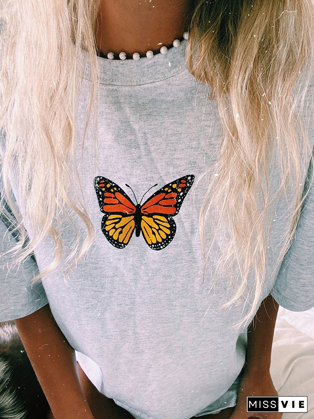 Casual Grey Butterfly Print T-Shirt