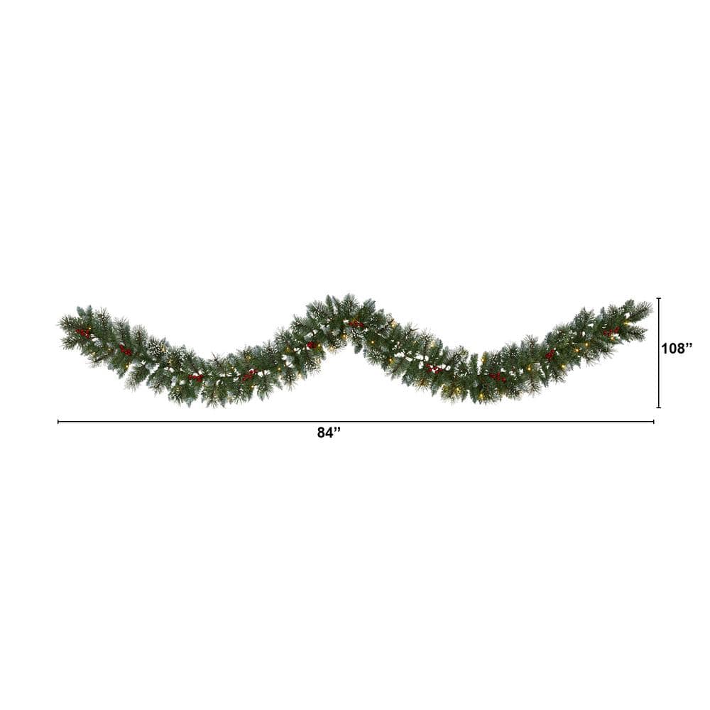 9 ft. Battery Operated Pre-lit Frosted Swiss Pine Artificial Garland with 50 Clear LED Lights and Berries W1102