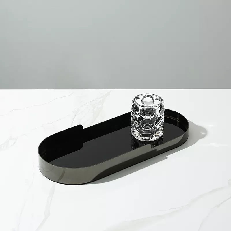 Black Glass Tray With Silver Metal Detail - Oval Fc-W22007