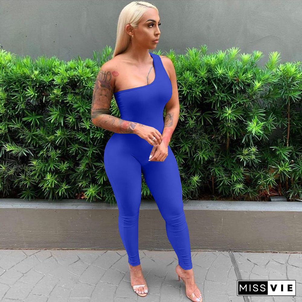 One Shoulder Sleeveless Bodycon Fitness Gym Jumpsuits