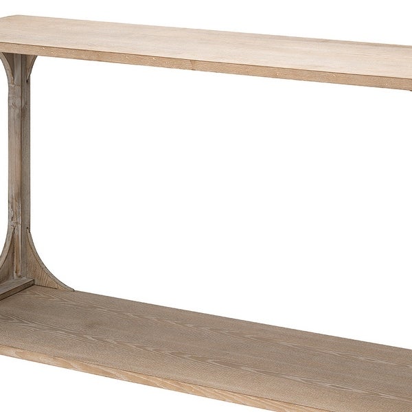 Console Table with Oblong Cut Out and Bottom Shelf， Natural Brown