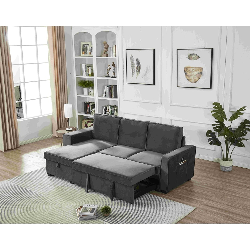 Velvet Sectional Sofa Reversible Chaise with Pull out Sleeper