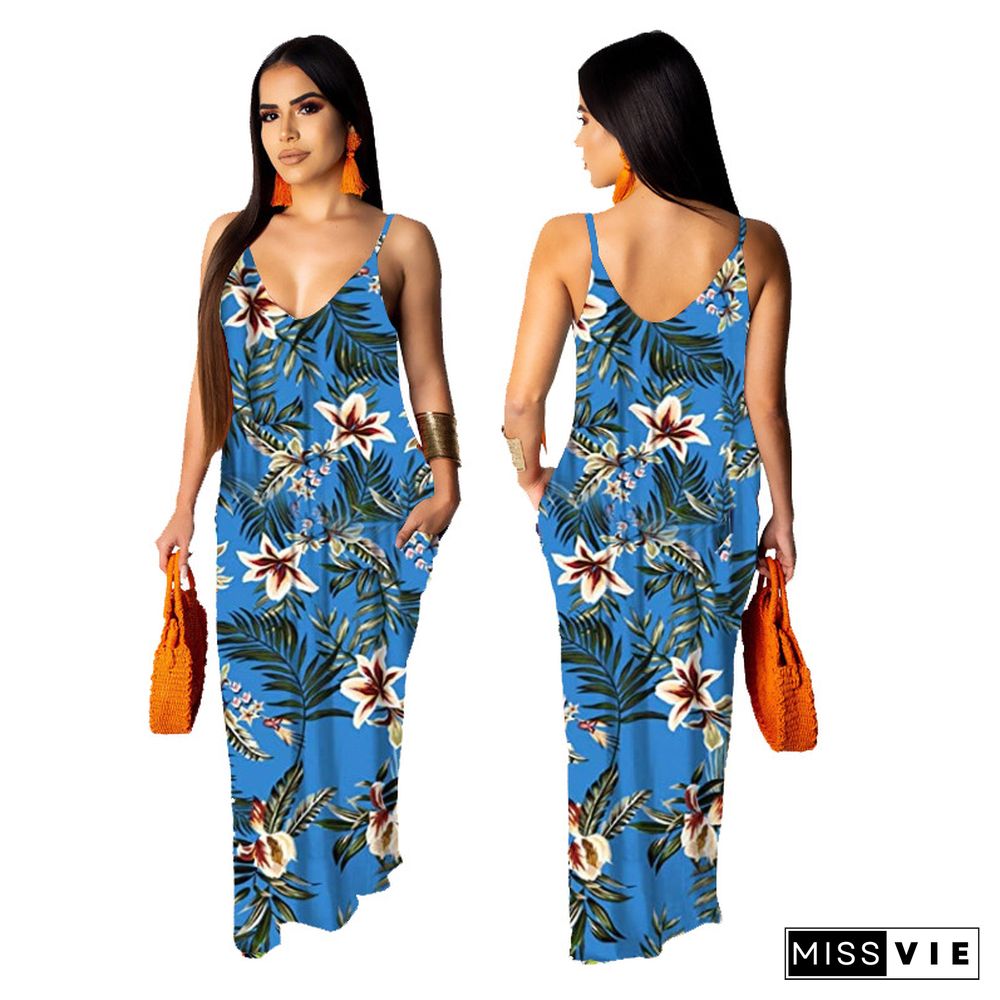 Hot Style Women's Summer Boho Floral Print Sleeveless V Neck Loose Long Maxi Party Beach Dress