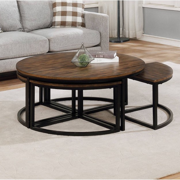 Arcadia Acacia Wood Round Coffee Table With Nesting Tables Dark Brown Alaterre Furniture