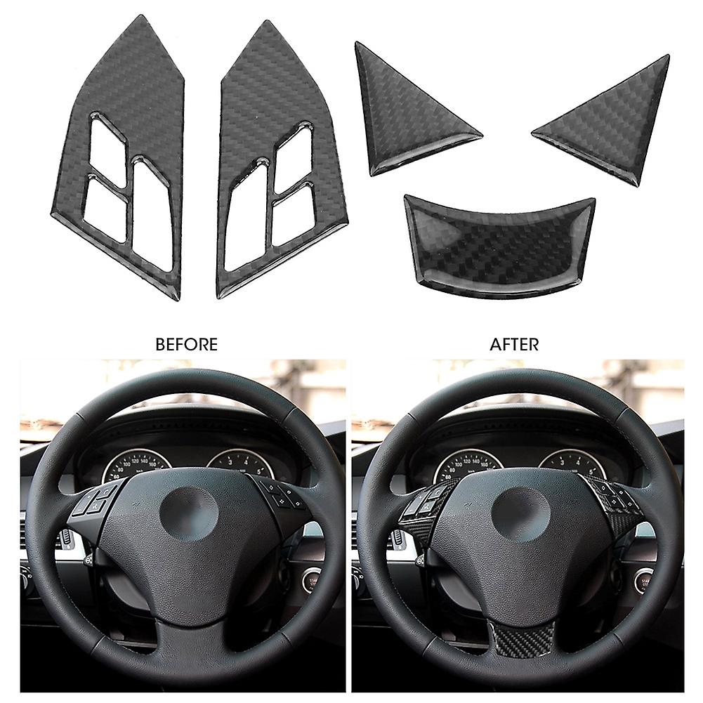 5pcs Carbon Fiber Steering Wheel Button Trim Cover Stickers Fit For 5 Series E60 2004-2010