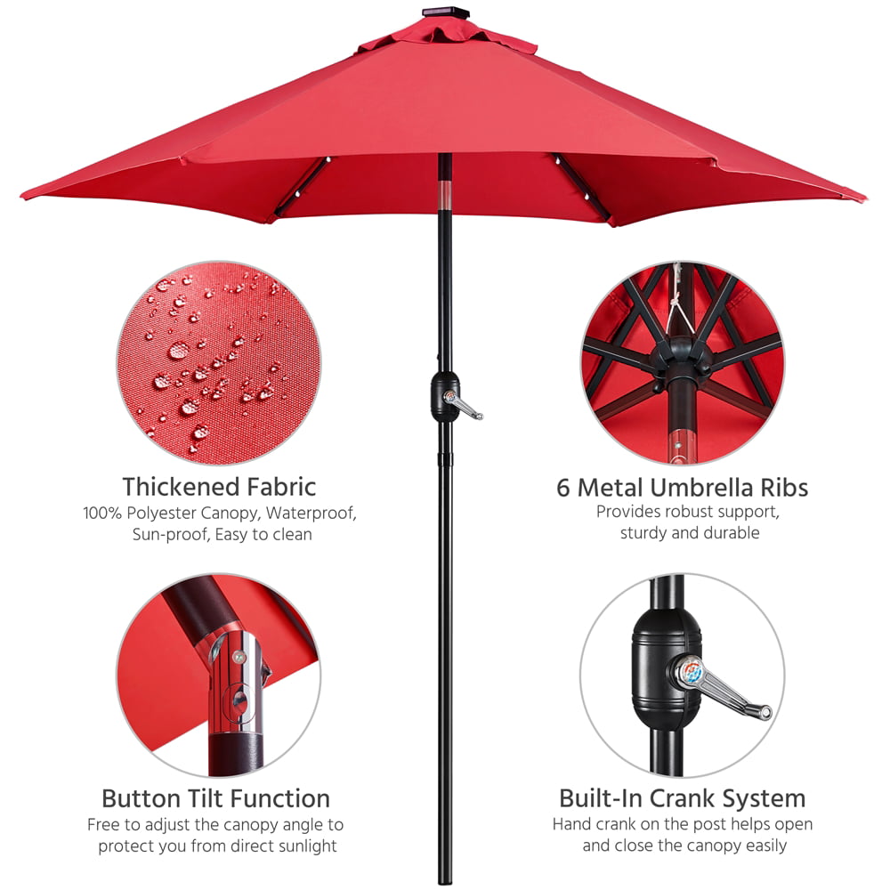 Topeakmart 7.5ft LED Patio Market Umbrella with 18 LED Solar Lights + 26.5lb 18'' Patio Umbrella Base, Red