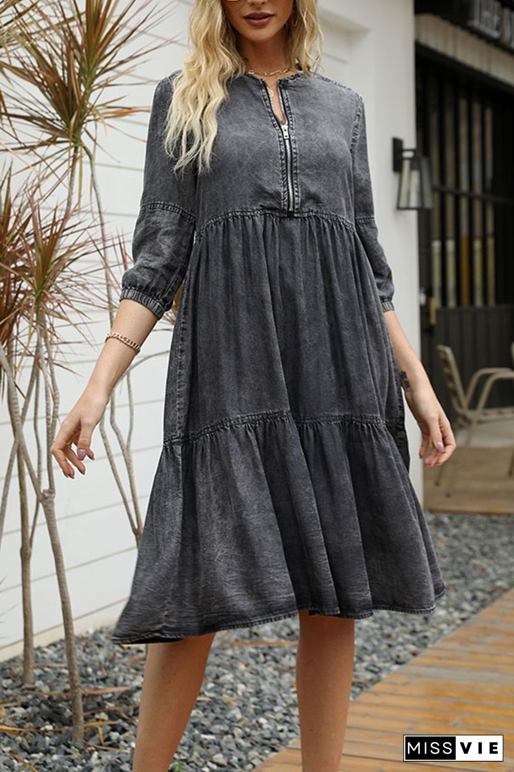 Washed DIstressed Zipper Denim Dress