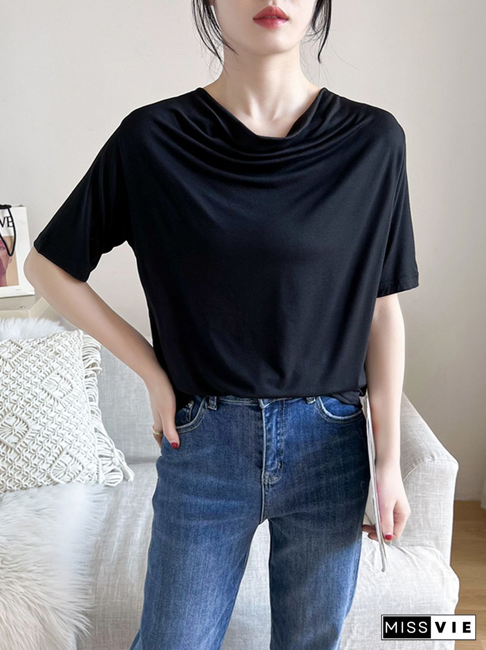 Short Sleeves Pleated Solid Color Heaps Collar T-Shirts Tops