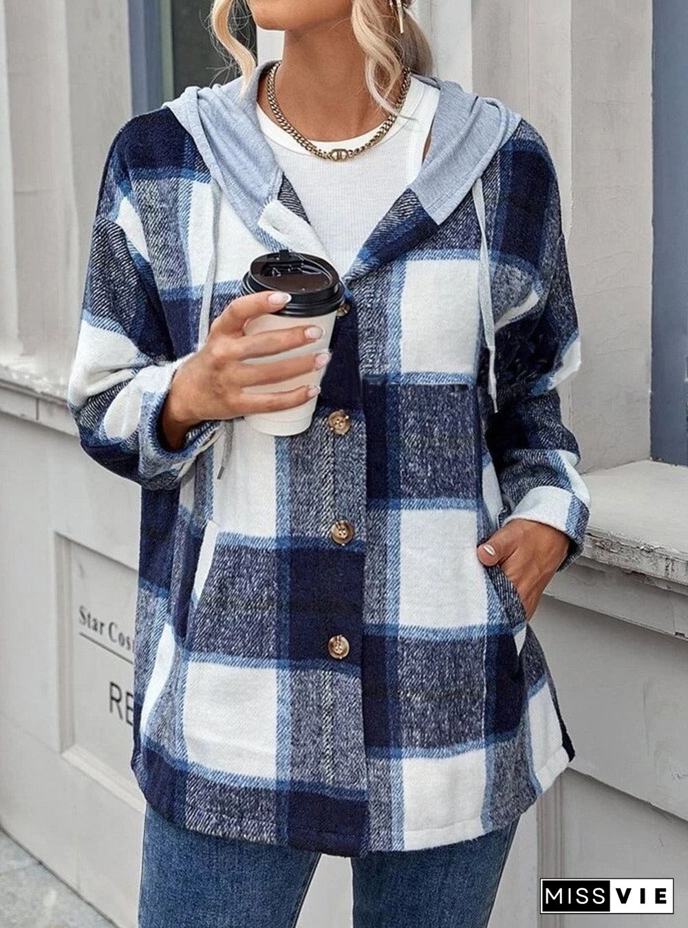 Fashion Woolen Plaid Buttoned Long-sleeved Casual Jacket