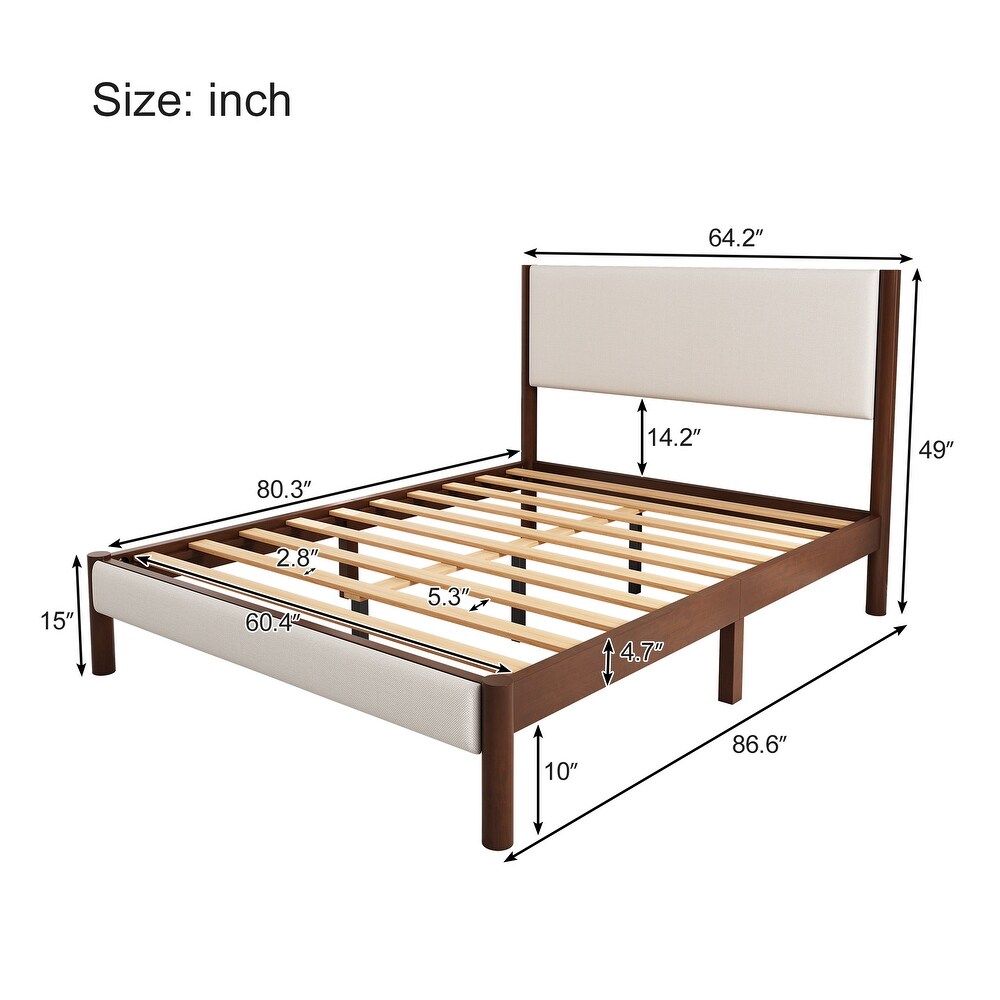 Queen Size Mid Century Modern Upholestery Platform Bed Frame with Upholstered Headboard  No Box Spring Needed  Walnut