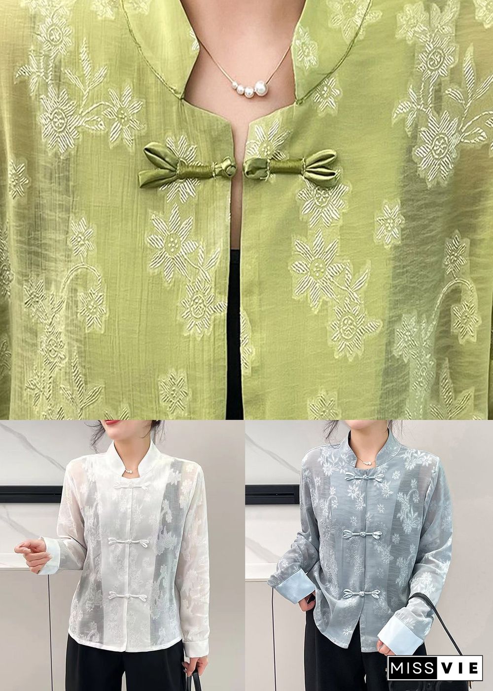 New Light Green Chinese Button Patchwork Blouse Top Fall