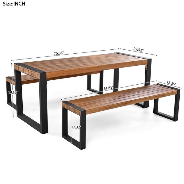 3Pieces Outdoor Dining Table With 2 Benches，Patio Dining Set With Unique Top Texture