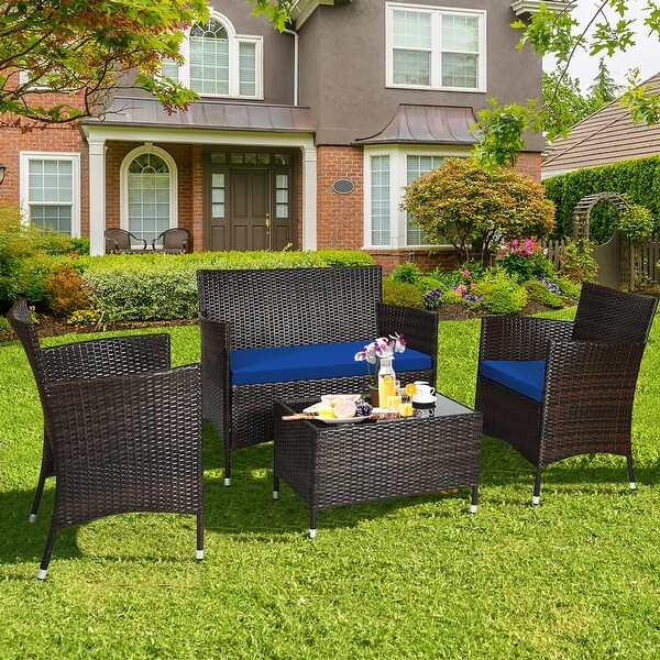 Costway 4PCS Rattan Patio Furniture Set Cushioned Sofa Chair Coffee