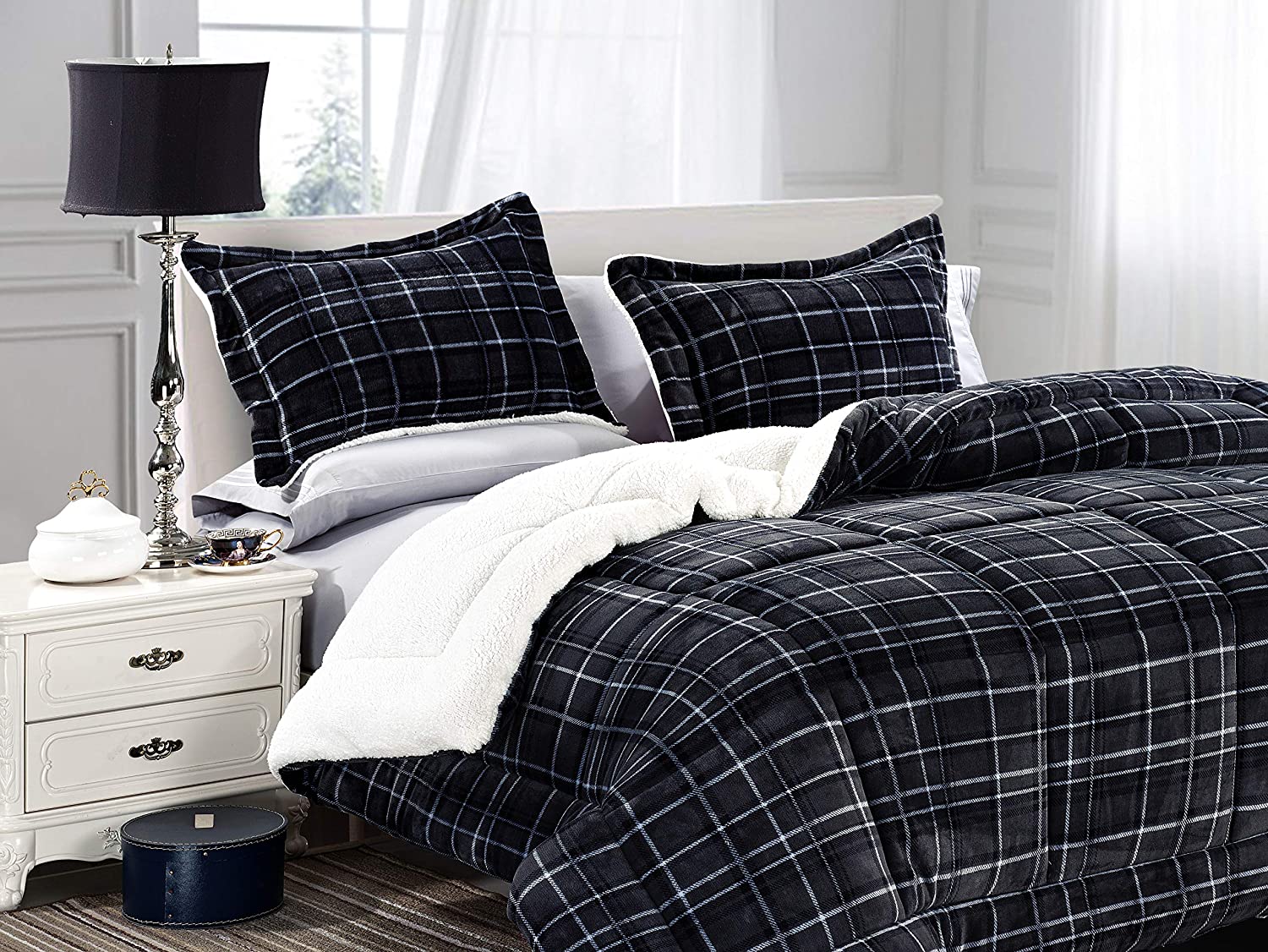 Softest Heavy Weight Plaid Pattern Micromink Sherpa-Backing Down Alternative Micro-Suede 3-Piece Reversible Comforter Set