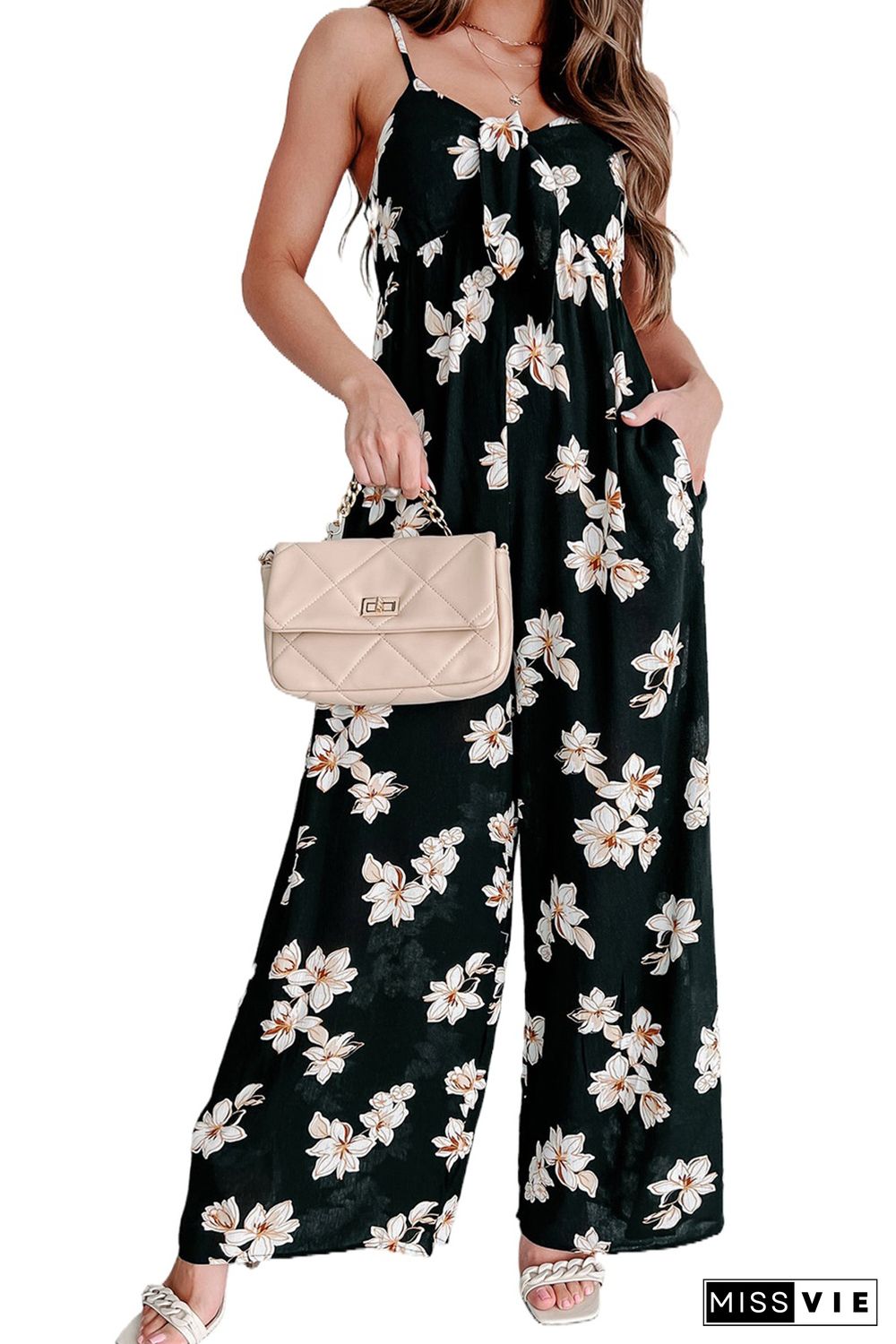 Black Tie Decor V Neck Floral Wide Leg Jumpsuit