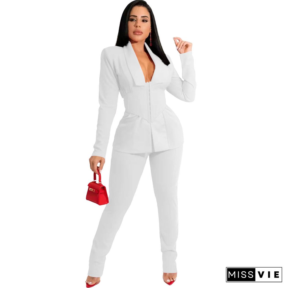 Solid Blazers with Girdle Corset and Pants Suit