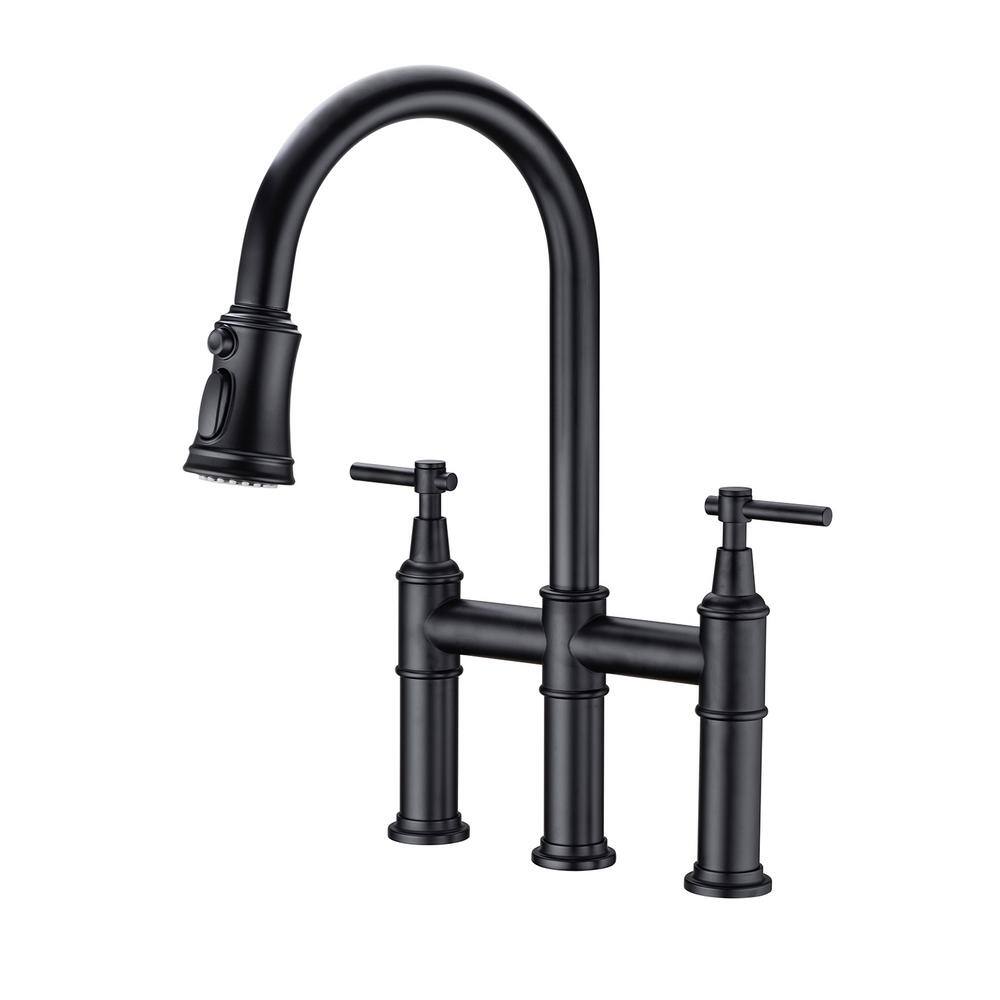 YASINU Double Handle Bridge Kitchen Faucet with Pull-Down Sprayhead in Matte Black YNBA707-MB