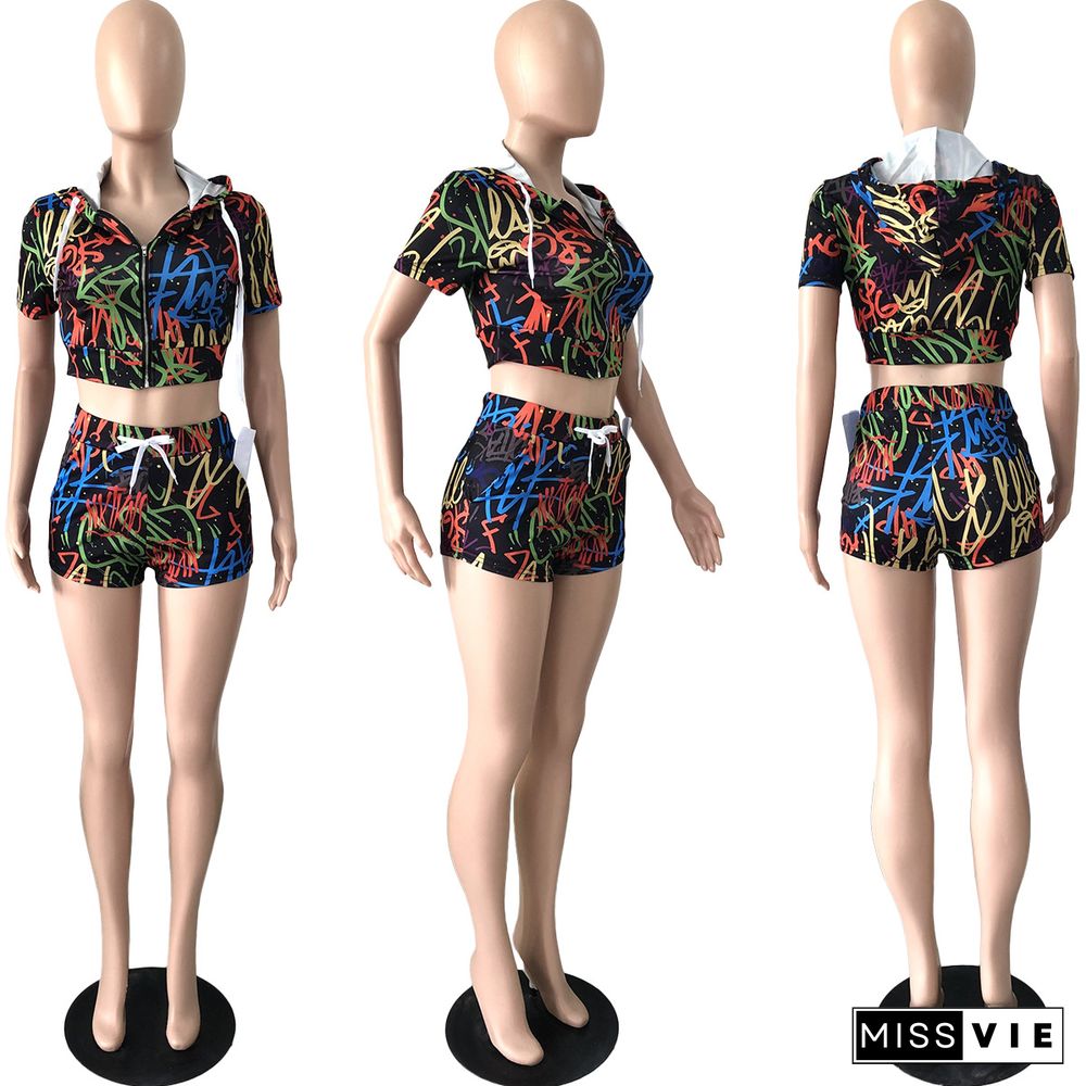 Graffiti Print Zip Up Crop Top Bodycon Shorts Sets